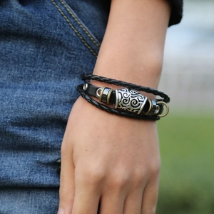 Retro multi-layer braided leather bracelet with vintage metal charms for men and women