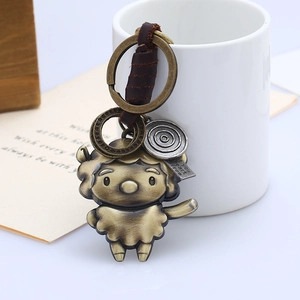 Retro bronze zodiac sheep keychain with leather cord on a white ceramic mug