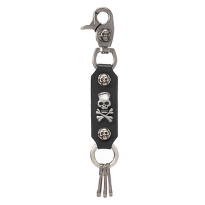 Punk style skull cowhide leather keychain with silver lobster clasp for men's belt