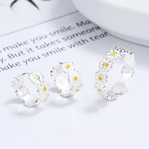 Detail of S925 sterling silver daisy jewelry set including ring and hoop earrings
