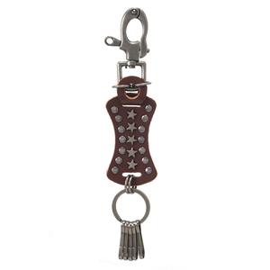 Vintage Cowhide Leather Punk Rock Keychain With Rivets Pentagram Stars Metal Spring Hook Multi Functional Men Key Ring