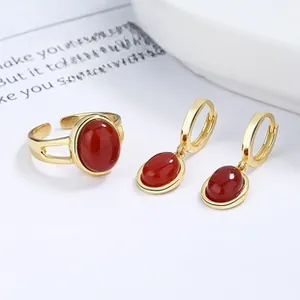 Detail eines Vintage-Schmucksets mit roten Steinen und poliertem Gold-Finish