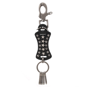 Punk style genuine leather keychain with silver star rivets and heavy duty metal carabiner