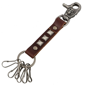 Vintage Punk Genuine Cowhide Leather Keychain For Men With Skull Metal Hook And Pyramid Rivets Multifunctional Key Ring