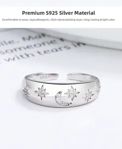 Détails de la bague ajustable en argent S925 avec motifs étoile lune et oxydes de zirconium