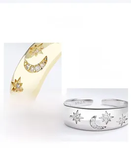 Détail du poinçon S925 en argent sterling avec motif lune et étoile étincelant en zircon