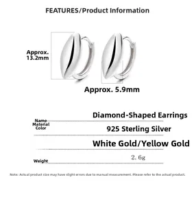 Detailed size parameters of 925 sterling silver geometric rhombic face hoop earrings