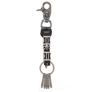 Punk style leather skull keychain with heavy duty snap hook and five functional metal rings