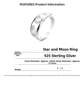 Vue macro de la bague en argent 925 avec lune et étoile, gravure S925 et dimensions