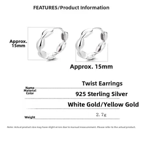 Detailed view of 925 sterling silver twist hoop earrings with 15mm size and weight specs