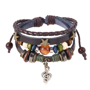 Multilayer leather beaded bracelet set with star and musical note bronze charms