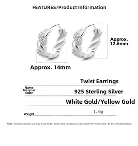 Macro detail of 925 sterling silver twisted hoop earrings with micro cubic zirconia