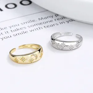 Vintage Bague Ouverte Étoile Lune en Argent Sterling 925 pour Femmes Style INS Incrustée de Strass Bague Réglable Bijoux Mode