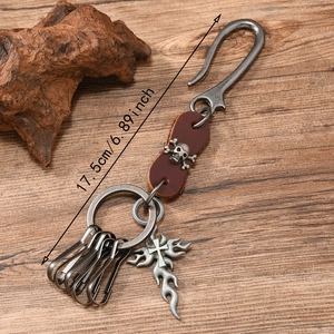 Retro punk U-shaped metal keychain with skull leather patch and flame cross pendant