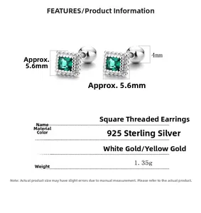 Macro detail of 925 sterling silver square emerald stud earrings with dimensions and weight