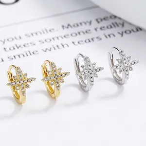 925 Sterling Silver Eight Pointed Star Hoop Earrings For Women Sparkling Rhinestone Octagram Charm Star Earrings Elegant Jewelry