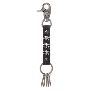 Punk skull leather keychain with silver alloy accents and multiple spring clips for keys