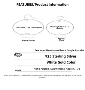 Detailed size specifications for 925 sterling silver mountain and wave couple bracelets