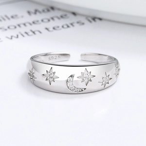 Bague ouverte en argent sterling 925 avec motifs étoile lune et zircones brillants