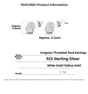 Detail specifications of 925 sterling silver irregular stud earrings with weight and size