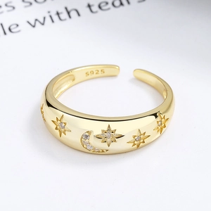 Bague ajustable en argent 925 avec motifs dorés de lune et d'étoiles en relief et zircons