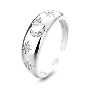 Bague ouverte en argent sterling 925 avec motifs lune et étoile polies