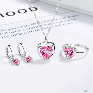 Set gioielli in argento 925 con collana pendente e orecchini a cuore in zircone rosa