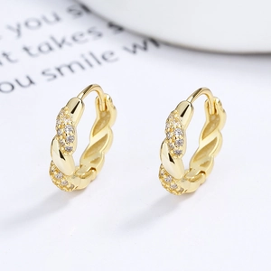 925 Sterling Silver Gold Twisted Hoop Earrings with Micropave Zirconia Stones