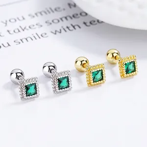 Retro 925 Sterling Silver Square Emerald Green Rhinestone Stud Earrings For Women Minimalist Screw Back Elegant Ear Jewelry