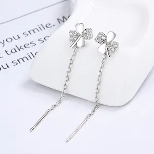 925 sterling silver four-leaf clover drop earrings with tassel and sparkling cubic zirconia