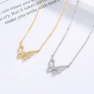 Elegant 925 sterling silver butterfly pendant necklaces in gold and silver with zircon stones