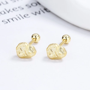 Minimalist 925 silver irregular rock texture stud earrings in golden finish with screw backs