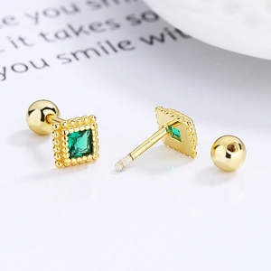 925 silver square emerald stud earrings with beaded gold edges and screw back closure