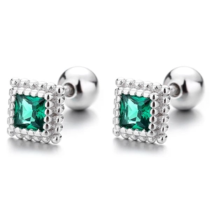 Pair of square emerald-cut green crystal stud earrings in 925 sterling silver settings
