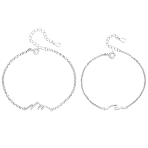 Minimalist S925 sterling silver couple bracelets with mountain and ocean wave pendants