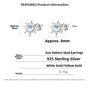 Detailed specs of 925 sterling silver sun stud earrings with blue gemstone and screw back