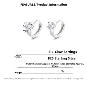 Detailed size specifications of 925 sterling silver six-prong hoop earrings for women