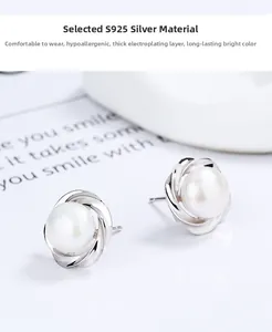 Macro shot of S925 silver pearl stud earring featuring a vintage petal screw design