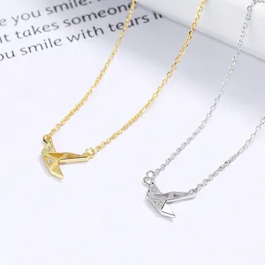 925 Sterling Silver Origami Crane Pendant Necklace Minimalist Geometric Bird Necklaces For Women Zirconia Inlaid Jewelry