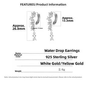 Detail view of 925 sterling silver water drop hoop earrings with dimensions and weight info