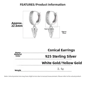 Spécifications de taille pour boucles d'oreilles cône en argent 925 avec mesures exactes