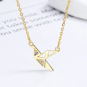 Elegant 925 sterling silver origami crane bird pendant necklace in gold finish for women