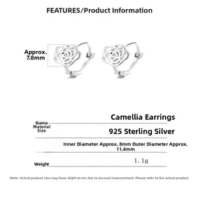 Detailed size specifications for silver camellia hoop earrings with dimensions and weight