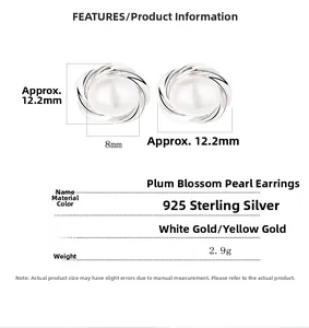 Detailed size specifications for 925 sterling silver plum blossom pearl earrings