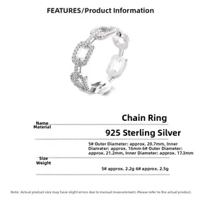 Guide des tailles détaillé pour bague chaîne en argent 925 sertie de zircons cubiques