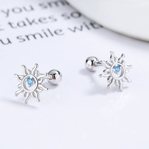 925 silver sun stud earrings with sky blue zircon and secure screw-back ball closures