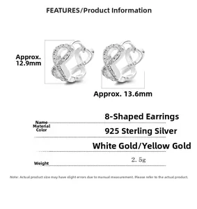 Detailed spec sheet of 925 sterling silver infinity earrings with zircon inlays