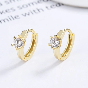 925 silver gold hoop earrings featuring six-prong cubic zirconia on white background