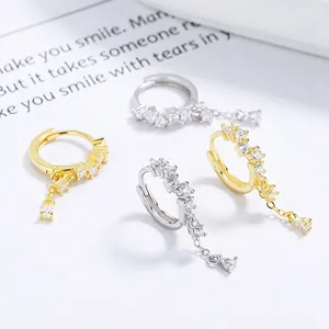 925 Sterling Silver Water Drop Tassel Hoop Earrings Elegant Rhinestone Dangle Earrings For Women Minimalist Jewelry