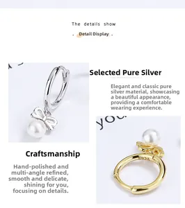 Close-up of S925 sterling silver hoop earrings with bow knots and pearl charms